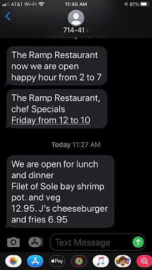 Jose Mier's screen shot of Ramp Restaurant reopening text