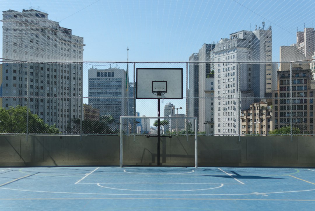 Basketball court with a view of the surrounding city