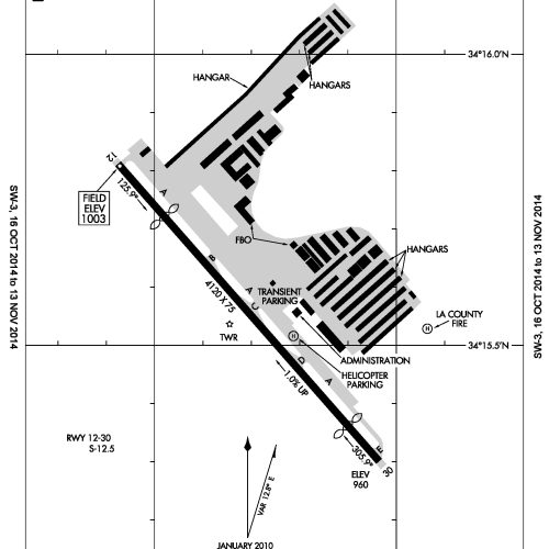 FAA facility diagram of Whiteman Airport in Pacoima, California, showing the runway and taxiways