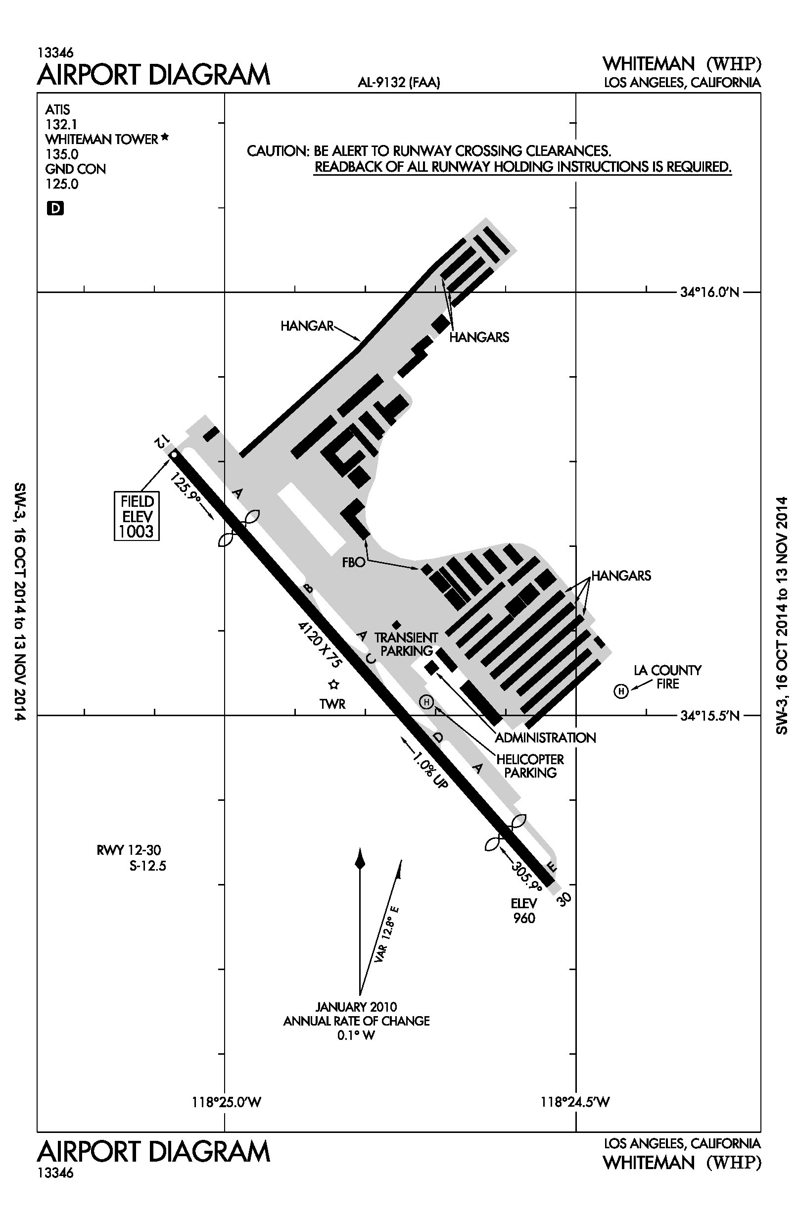 FAA facility diagram of Whiteman Airport in Pacoima, California, showing the runway and taxiways